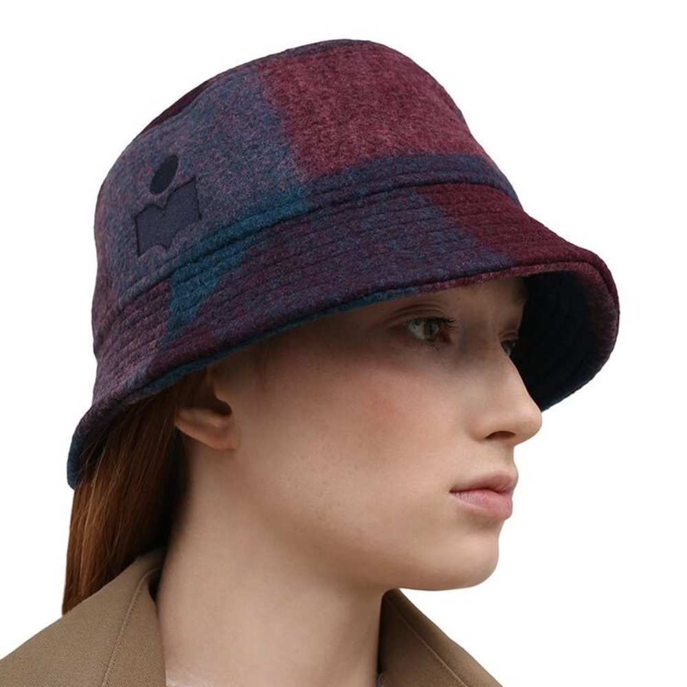 Isabel Marant Haley Checked Wool Blend Bucket Hat in Dark Plum